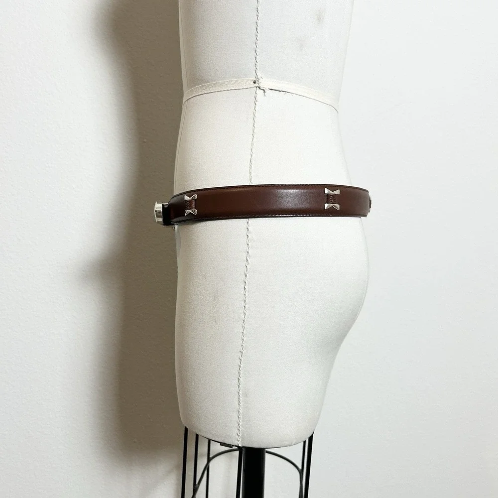Vintage 100% Genuine Leather Brown Western-Style Unisex Belt Silver‎ Hardware